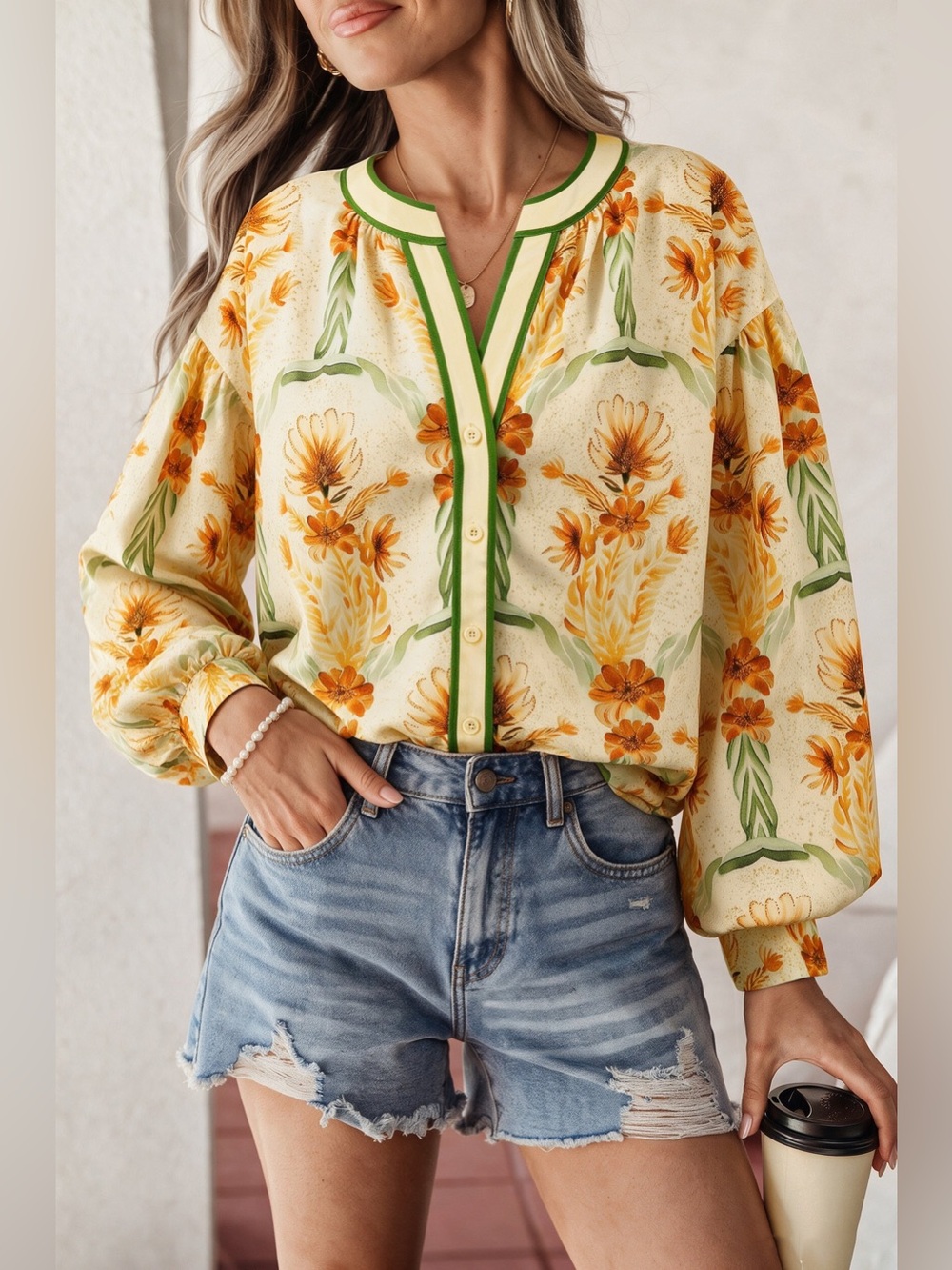 Floral Button-Front Blouse in Yellow and Green